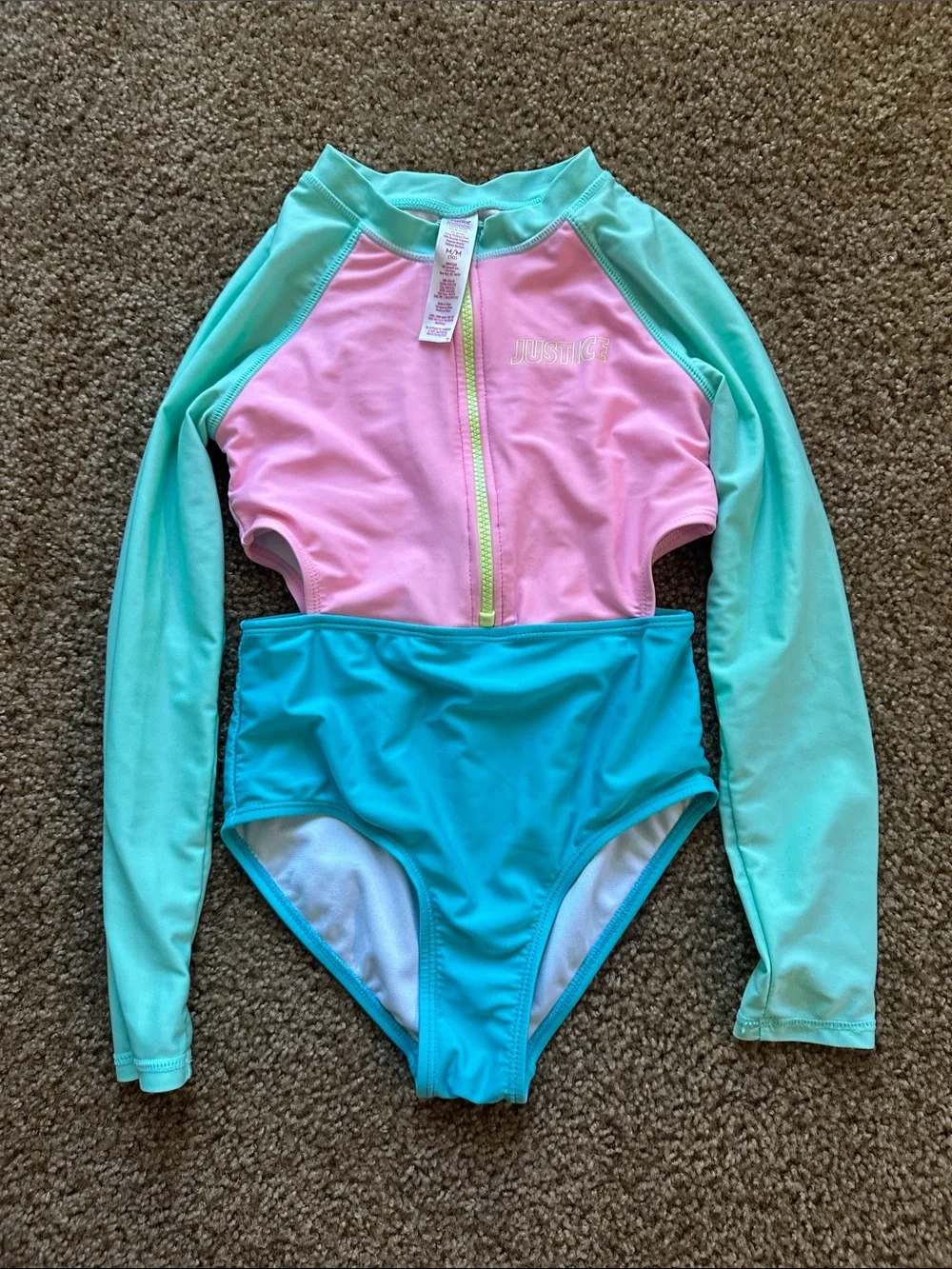 Justice Girls Long-Sleeve One-Piece Swimsuit in Pink and Aqua